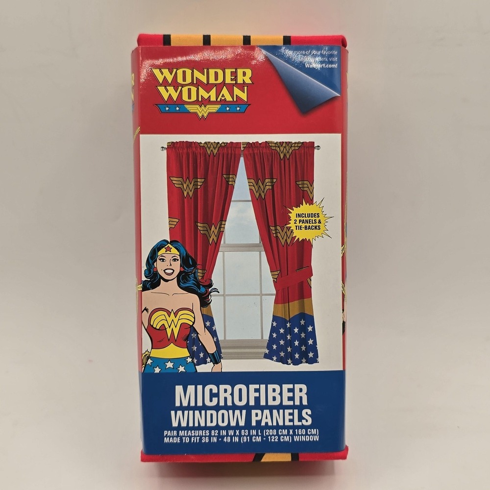 Wonder Woman Microfiber Window Panels Pair Red Kids Curtains 63in Tie Backs